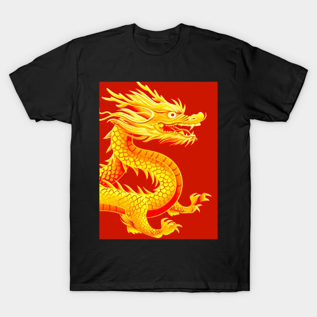 Chinese Golden Dragon on a Lucky Red Background 2: Chinese New Year, Year of the Dragon on a Dark Background T-Shirt by Puff Sumo